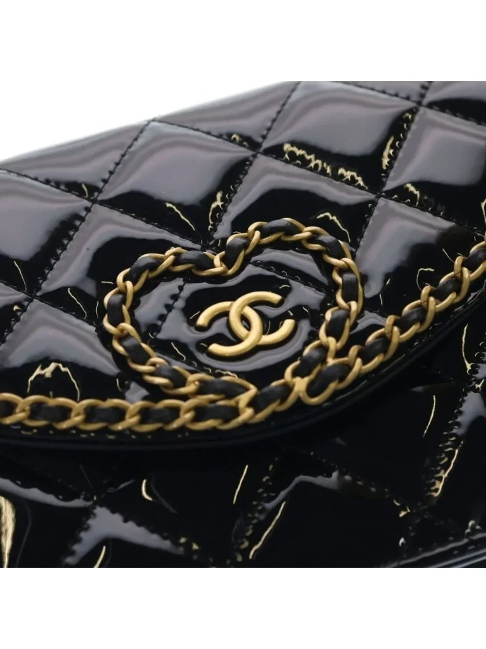 Chanel Quilted Patent Heart Chain Mini Shoulder Bag Black Gold